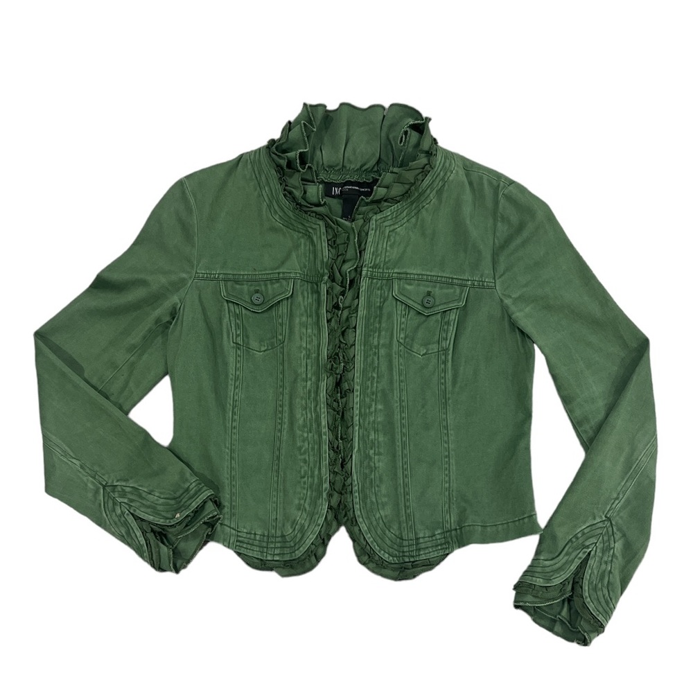 INC Olive Green Y2K Vintage Utility Jacket Ruffle Detail